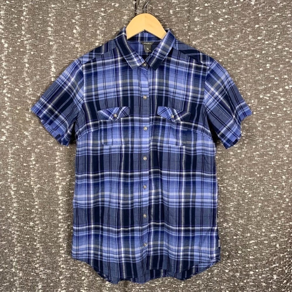 Eddie Bauer Blue Plaid Button Up Shirt Short Sleeve‎ Classic Women's TM